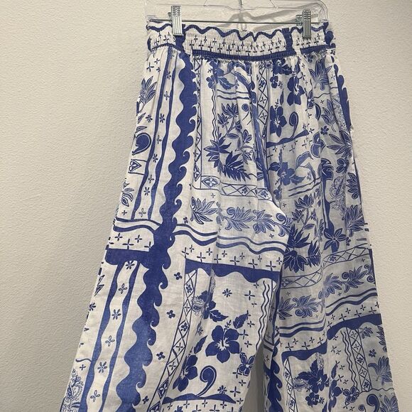 Joie Blue Tropical Print Linen Wide Leg Pants Sz M Resort Wear Beach Vacation - Picture 7 of 10